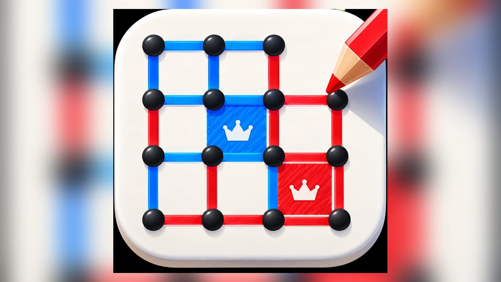 A grid of dots with blue and red lines and claimed boxes