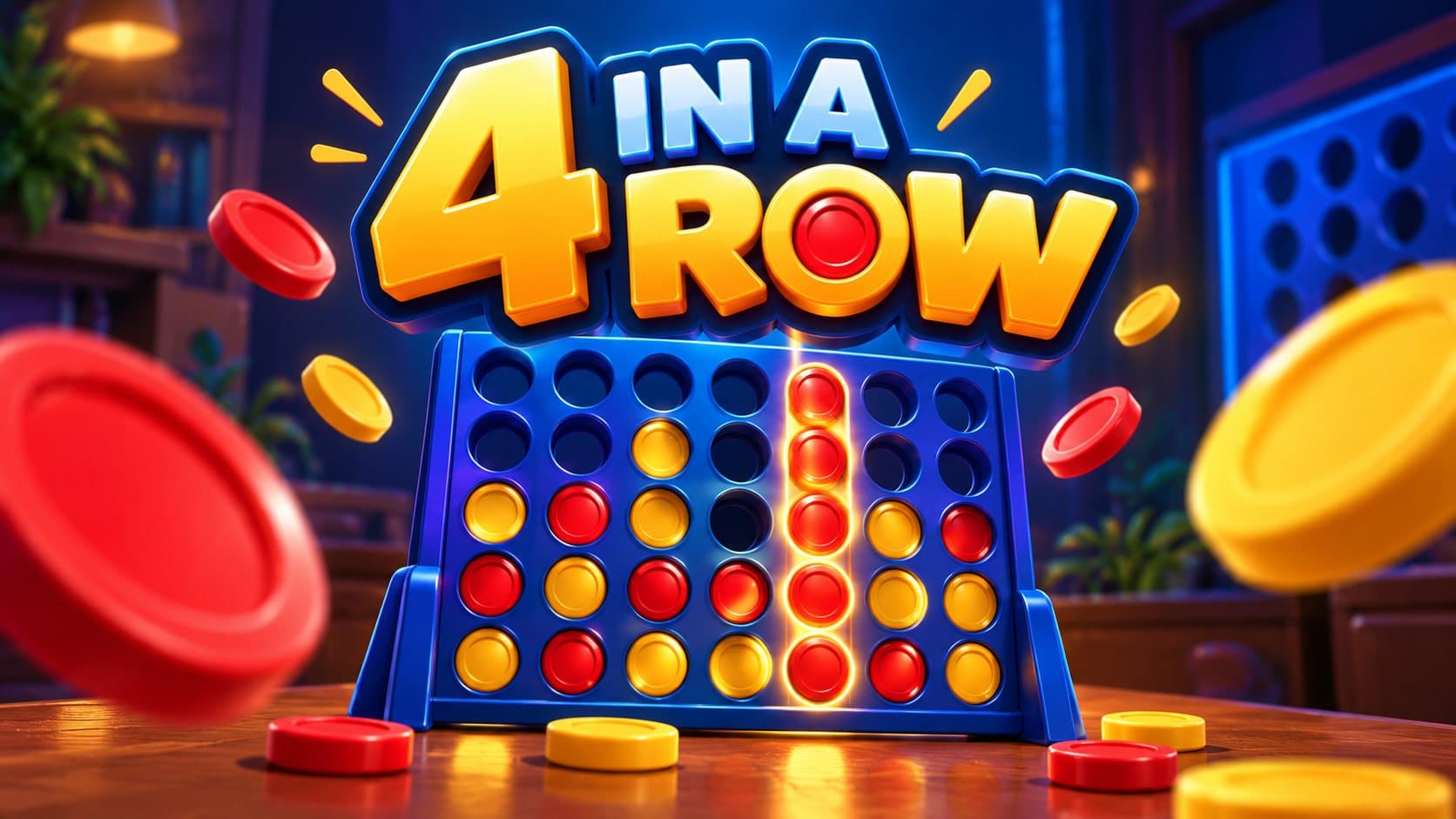 A blue Four in a Row grid with red and yellow tokens