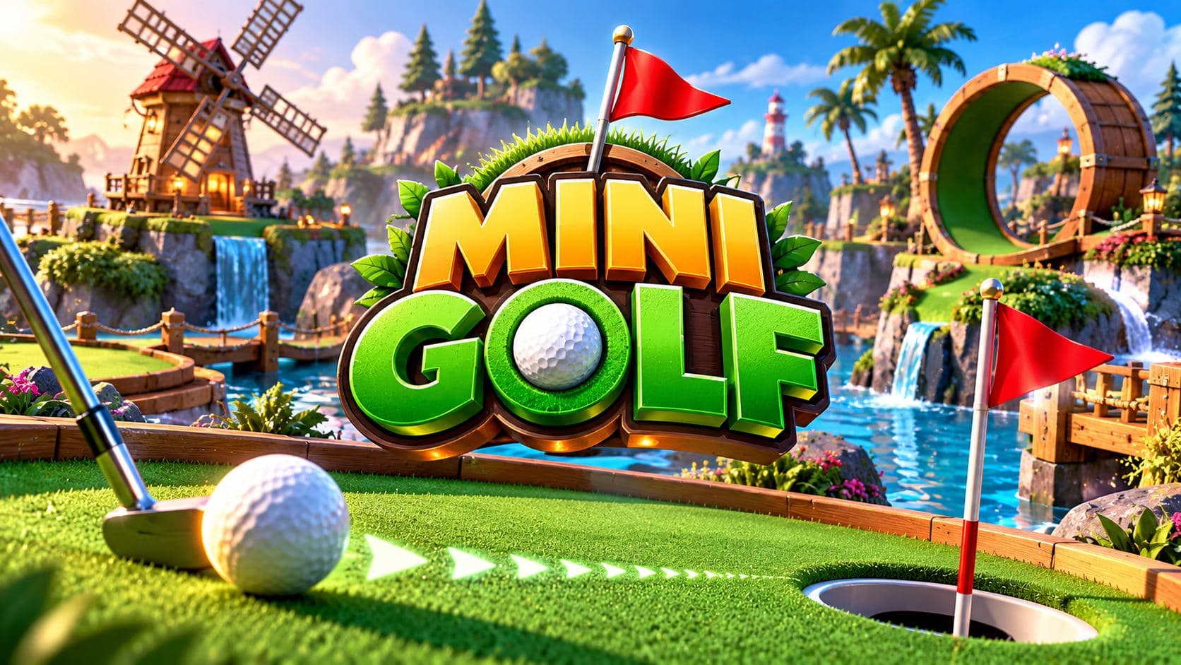 A green mini golf course with a ball, flag, sand trap and water hazard