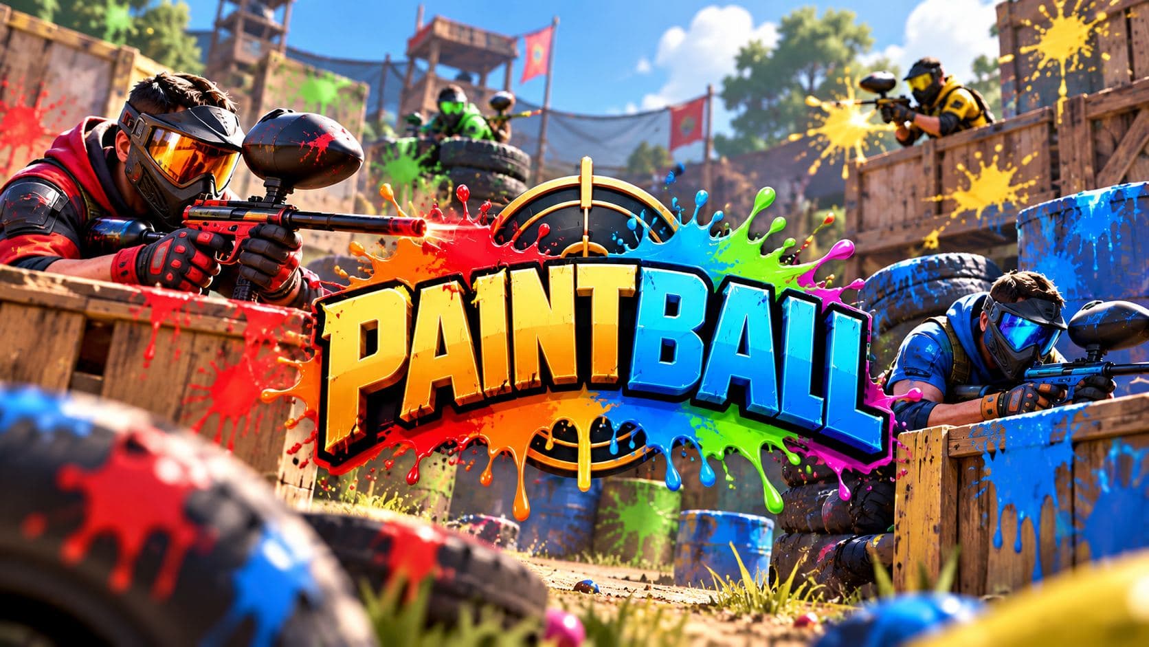 A top-down paintball arena with colourful barriers, paint splashes and players