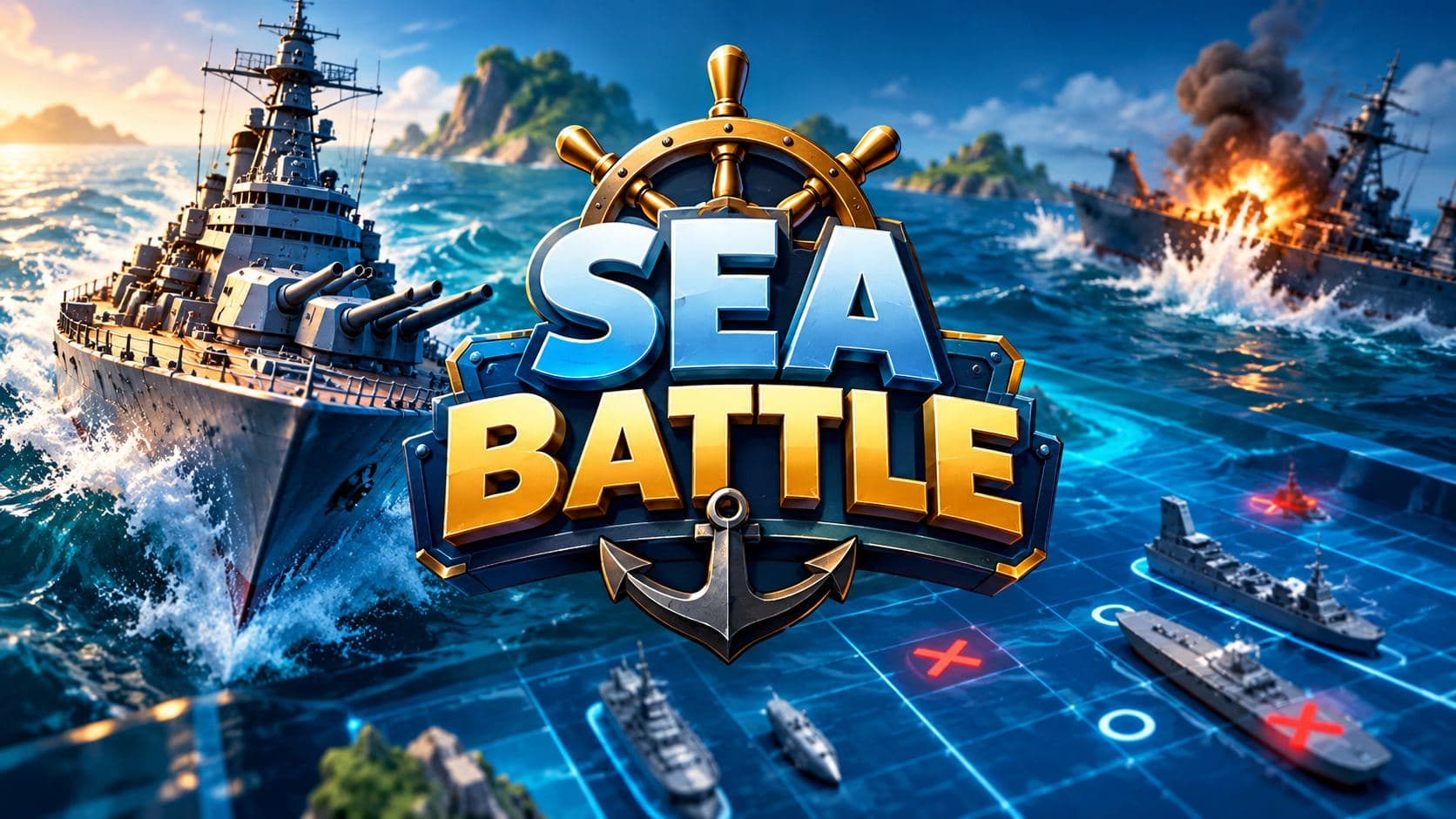 A navy-blue ocean grid with warships, splashes and a hit marker