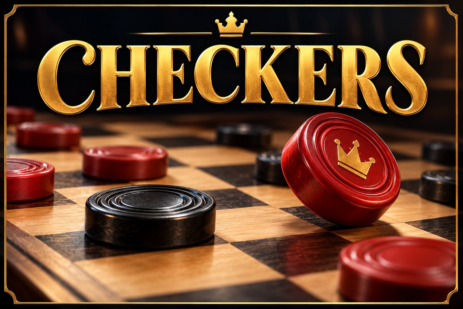Red and black checkers on a wooden board