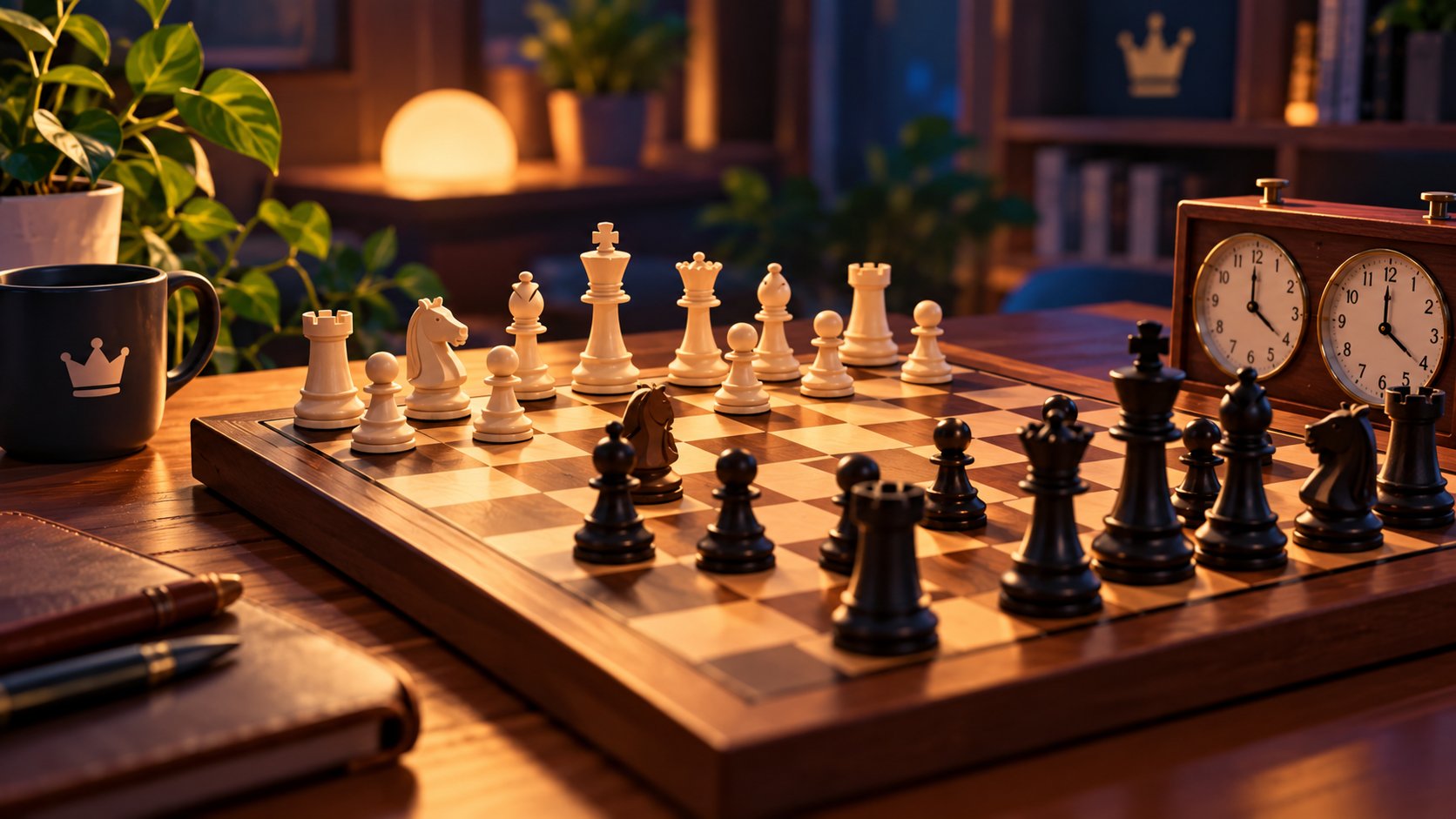 Chess pieces on a wooden board