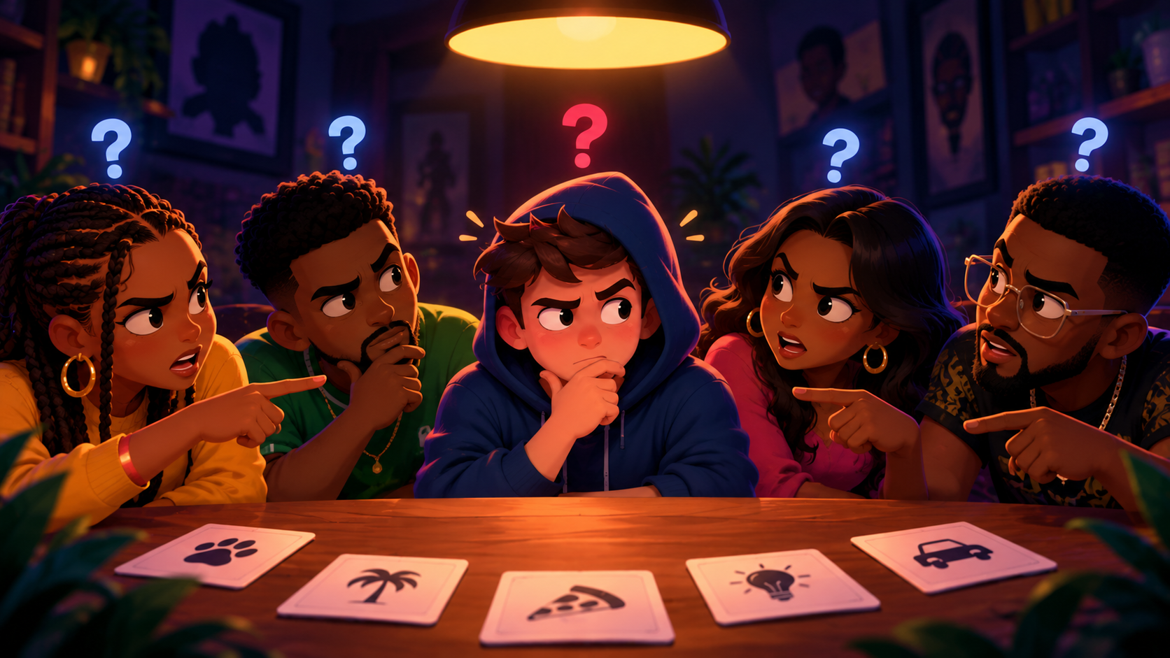 Friends pointing at the player who does not know the word