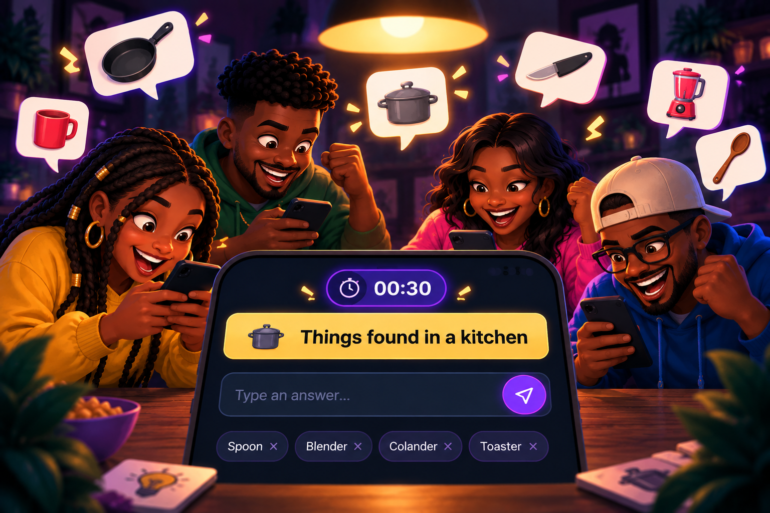 Friends racing to type answers on their phones while a countdown glows on the table
